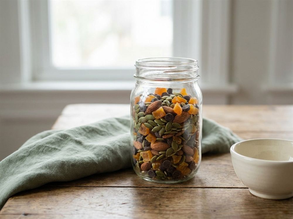Trail mix in a glass jar