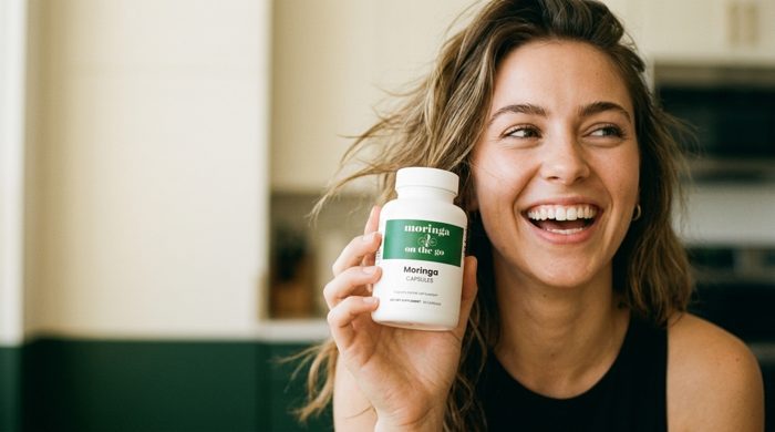 Woman in kitchen holding a Moringa On The Go bottle
