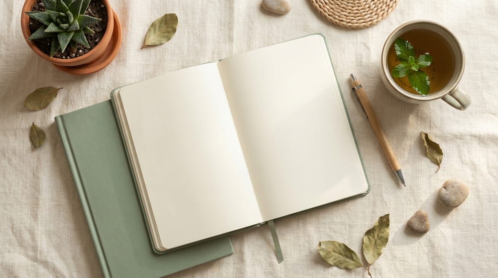 A calm morning routine — journal, water and breakfast