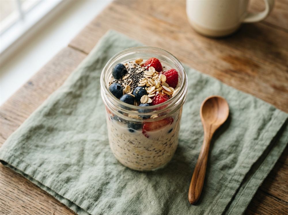 Overnight oats with berries and chia seeds